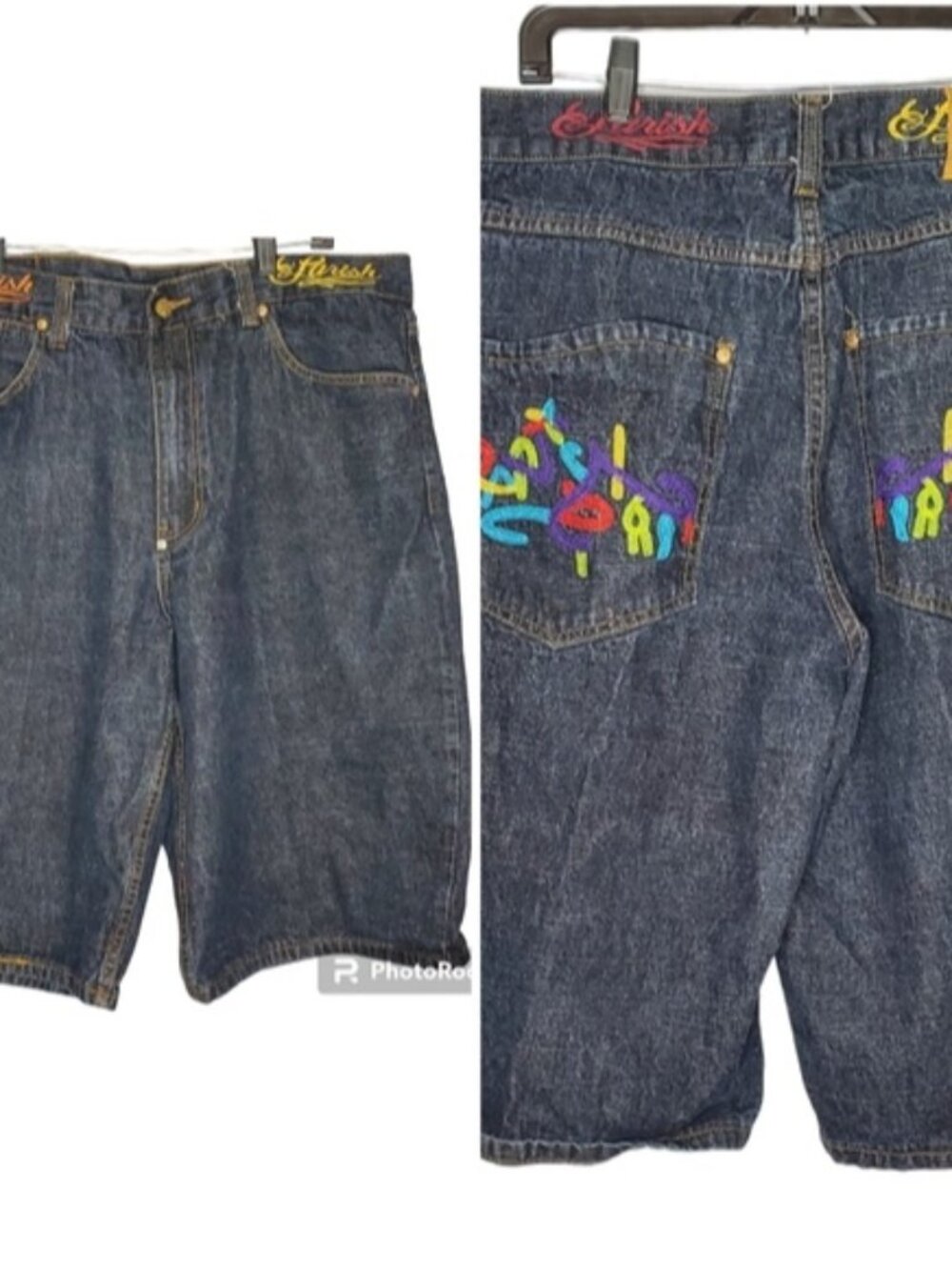 Parish Mens Embellished Dark Blue Denim Jean Shorts size 38‎ Embroidery Pockets